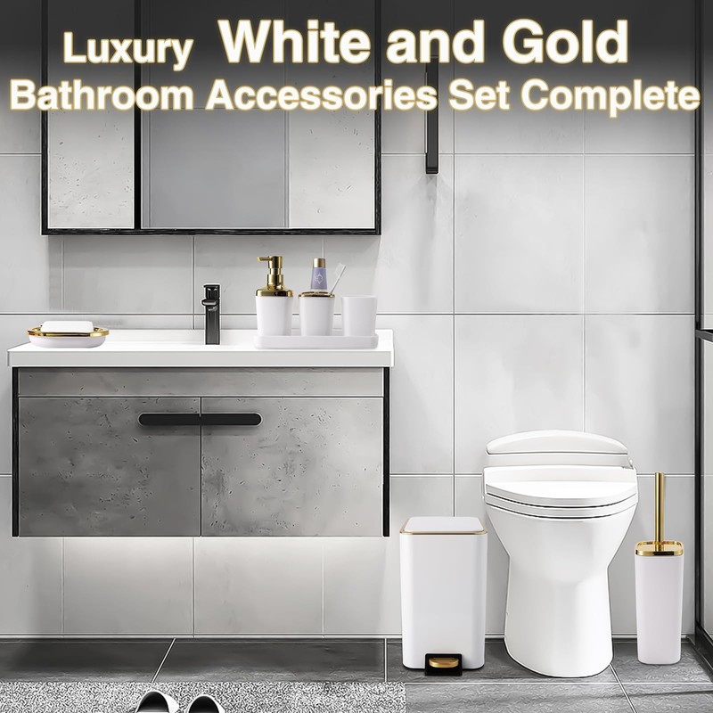 White Bathroom Accessories Set 8 Piece White and Gold Bathroom