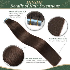 MissMe Tape-In Extensions, Real Hair, 35 cm, #2 Dark Brown, Real Hair, Pack of 20, Real Hair Bonding Extensions, 40 g, Tape-In Extensions, Real Hair