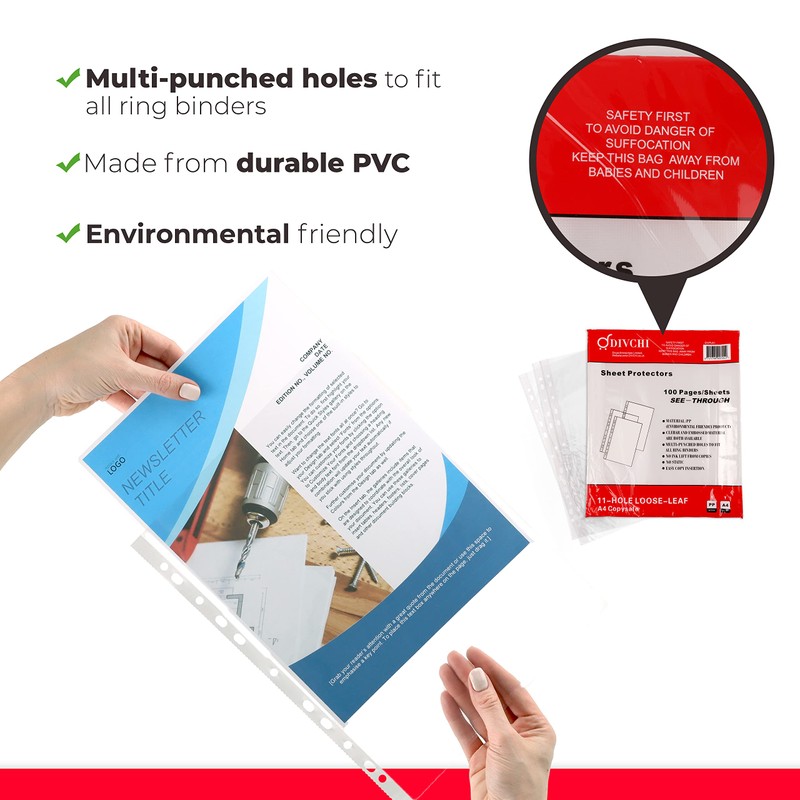 DIVCHI 100 Pcs A4 Clear Plastic Punched Punch Pockets for