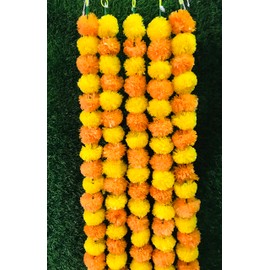 Gavya Orange and Yellow Artificial Marigold Flowers 5 String Indian Wedding Decorations Garlands Party Decorations Genda phool mala 5 Feet Long, for Parties, Diwali, Indian Festival Multi (Pack of 5)