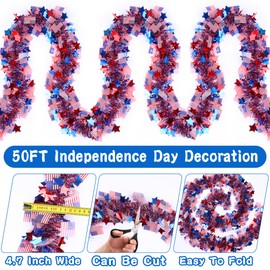 50 Feet Patriotic Tinsel Garland 4th of July Decorations, Red White and Blue Tinsel Metallic Glitter Garlands with Star Flag for Fourth July Independence Day Memorial Day Outdoor Indoor Decor