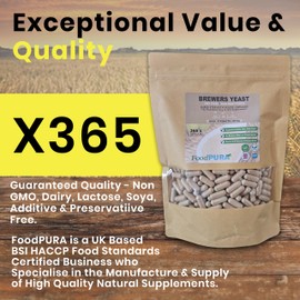 FoodPURA 365 x 600mg Brewers Yeast Capsules 100% Pure & Natural Not Debittered HACCP Certified Manufactured in The UK (365)