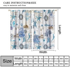 Nautical Theme Vintage Window Curtains Retro Lighthouse Sea Starfish Conch Coral Pattern Print Rod Pocket Curtains Decor Window Drapes for Living Room Bedroom Kitchen 2 Panels 42x63in