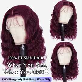 13X6 14inch 99J 230%Density Bob Body Wave Red Burgundy Wig Human Hair Red Bob Wig Human Hair Dark Burgundy Body Wave Bob Lace Front Wigs Pre Plucked With Baby Hair HD Transparent Lace Frontal Wig