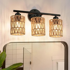 FRIDEKO HOME - Frideko - Luminarias de tocador de baño de 3 luces, luminarias modernas de ratán para baño sobre espejo, apliques de pared...