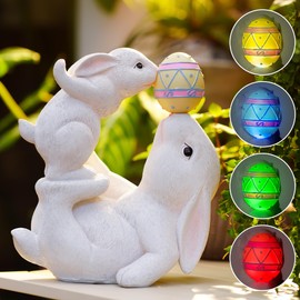 Solar Garden Outdoor Statues Easter Bunny Decor with Egg and 4 Color LED Lights – Garden Rabbit Statue Outdoor Yard decorations for Patio,Lawn,Ornaments – Unique Easter Gifts for Birthday,Women,Mom