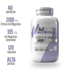 Meta Nutrition Citrato de Magnesio Premium, 40 servicios 120 caps. con 2100 mg de Citrato de Mg.