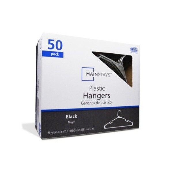 50-Pack Mainstays Black Plastic Notched Adult Clothing Hangers Shirt Clothes