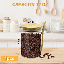 QIUBAOBAO 4 pcs glass jars with bamboo lids and spoon, 17 Oz glass containers with lids, airtight food storage containers, for Coffee Beans, Nuts, Candy, Spices, canisters sets for the kitchen