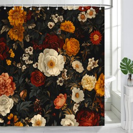 PAOPOED - Cortina de ducha floral, estilo bohemio, clásico, con flores oscuras, flores de rosa, tela de poliéster, impermeable, juego de baño con 12 ganchos, 60 x 72 pulgadas, color negro