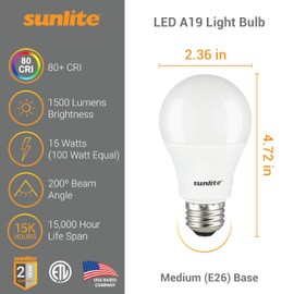 Sunlite LED A19 Light Bulbs, 14 Watts (100W Equivalent), 1500 Lumens, Medium Base (E26), Non-Dimmable, UL Listed, 3000K - Warm White