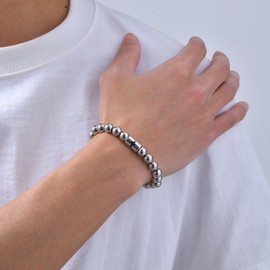 FLHEART Stainless Steel Cross Bracelet for Men - 8MM Solid Steel Silver Rosary Beads Chain Link Bracelet, Religious Christian Jewelry Gift for Baptism Communion Easter