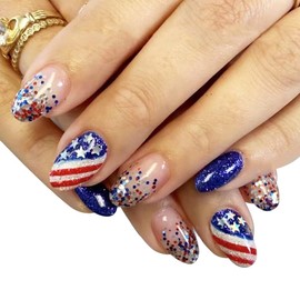 4th of July Nails - Fourth of July Nails Short Press On Nails Almond Fake Nails with American Flag Glitter Sequins Design, Acrylic Artificial False Nails Press Ons Stick On Nails for Women