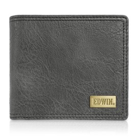 Edwin Bifold Wallet, Metal Plate, Grain Leather, Leatherette Leather, Money Storage, Coin Storage, Card Pocket, gray
