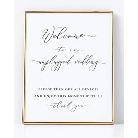 Welcome to our Unplugged Wedding, Elegant Minimalist Style White Sign with Black Lettering on Professional Thick Linen Cardstock, White Wedding Decoration