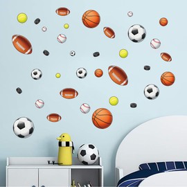 Sport Balls Stickers, Easy to Peel and Stick Basketball Football Hockey Sports Wall Stickers, Wall Art DIY Kids Baby Boys Wall Decals for Nursery, Living Room, Playroom Door Decoration
