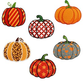 6 Pcs Thanksgiving Pumpkin Embroidery Iron on Patches Cute Cartoon Sew on Emblem Applique Small Clothes Repair Stickers for Party Jackets Hats Shirts Jeans Clothing Craft DIY Sewing Patch Decoration