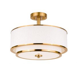 Edwarmlux 3-Light Semi Flush Mount Ceiling Light Fixture, 16" Drum Light with White Fabric Shade, Modern Close to Ceiling Light for Living Room Bedroom Dining Kitchen Hallway Entry (Brushed Gold)