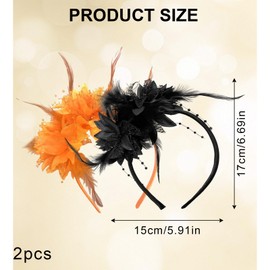 SAIIURV Pack of 2 Feather Headband with Artificial Flowers, Retro Hair Band Fascinator, 20s Headband Feather for Carnival Cocktail Wedding Tea Party Accessories (Orange, Black)