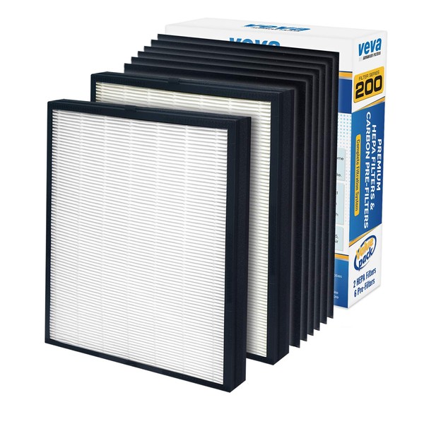 Premium 2 HEPA Replacement Filter Pack with 6 Activated Carbon Pre Filters To Stop Smoke Odor Dust for Blueair 200 / 300 Series Models 201, 203, 205, 215B, 250E, 270E, 303 Air Purifiers by VEVA