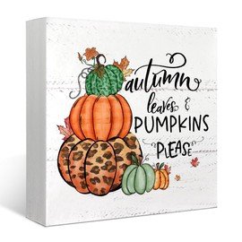 Mtrgdn Fall Decor,Fall Decorations for Home Wooden Box Sign, Fall Orange Teal Leopard Pumpkin Autumn Harvest Thanksgiving Wooden Signs,Farmhouse Rustic Fall Decor for Table Desk Shelf 5x5 Inches