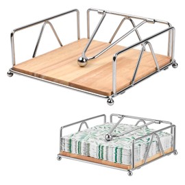 Natuce Napkin Holder Metal Wood, Napkin Dispenser with Weighted Bar, Modern Napkin Stand, Paper Napkin Holder, Tissue Dispenser for Kitchen, Restaurants, Bar, 16.7 x 16.7 cm (Silver)