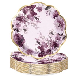 WRAPAHOLIC 25Pcs Floral Paper Plates - 9 Inch Beautiful Purple Floral Disposable Plates Decorative Dinner Plates for Party Tableware Supplies Table Decor