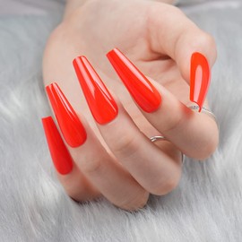 Red Coffin Christmas Press on Nails Long, Jofay Fashion Glossy Fake Nails, Comfortable & Reusable Acrylic False Nails with Glue, Solid Color Stick on Nails for Women Girls Gift, Gel Nail Kit, 24pcs