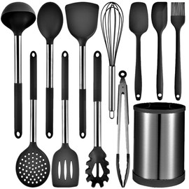 Keidason Kitchen Cooking Utensils Set, 12-piece Non-stick Kitchen Silicone Utensils Set Heat-resistant Stainless Steel Handle,BPA-Free, Kitchen Tool Set (Black)