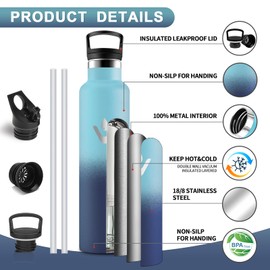 Vikastar Stainless Steel Drinking Bottle, Thermos Flask, 1 Litre, BPA-Free Drinking Bottle, Thermos Bottle with Straw, Drinking Bottle for School, Sports, Bike, Camping, Sky Blue & Dark Blue