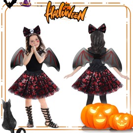 Bat Costume Children Girls Black Tulle Skirt Skeleton Red Carnival Headband Children Carnival Costume Skirts Accessories Carnival Wings Wand Tattoo Face Tutu Fancy Dress Costumes Children