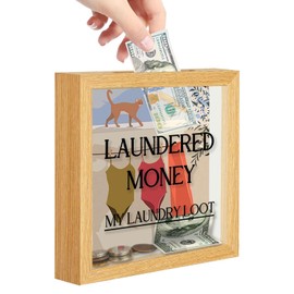 Laundry Room Decor, Photo Frame Change Jar with Money Slot, Funny Laundered Money Theme Design, Farmhouse Style Laundry Room Organization Accessories for Coin Storage, 8''x8'' (Wood Color)