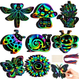 HyDren 80 Pcs Spring Scratch Cards Rainbow Flower Butterfly Scratch Paper for Kids Rainbow Flower Crafts with Bamboo Stylus and Ribbon for Home Classroom School DIY (Cute Style)