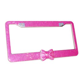 Carfond 2 Pack Pure Handmade 1000pcs 8 Facets Selected Waterproof Bling Bling Rhinestones Stainless Steel License Plate Frame Bonus Matching Screws Caps (hot Pink/hot Pink Bowtie)