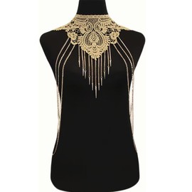 Carufin Lace Flower Body Chain Gold Layered Tassels Shoulder Chain Adjustable Necklaces Jewelry for Women and Girls