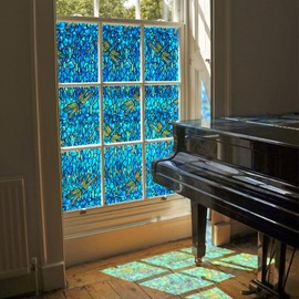 Flortlias Static Cling Window Film, Stained Glass Window Film Decorative Double-Sided Hand-Drawn Door Window Clings for Home Office Living Room, Blue Dragonfly, 15.74" Wide