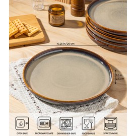 theterra Dinner Plates Set of 6, 10.25 Inch Ceramic Dinner Plates, Stoneware Dinnerware for Kitchen, Oven & Microwave & Dishwasher Safe, Coffee Bean