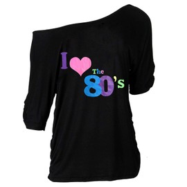 Z-Shop 80s Outfits Costume Accessories for Women - I Love 80's Print Off Shoulder T-Shirt,Lace Headband Necklace Bracelet Gloves for 80s Costumes,Green,S