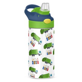 Botella de agua de acero inoxidable para niños, botella de agua aislada al aspiradora de acero inoxidable de 12 onzas para niños y niños, botellas aisladas al aspiradora de doble pared (reciclaje de basura para camiones de basura, 1)