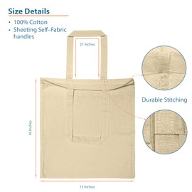 Economical Cotton Tote Bag, 6 | 8 Pack, 100% Cotton, 16" x 15" with 21" Handle Reusable Grocery Bags for Shopping (Without Bottom Gusset, Natural, 6 Pack)