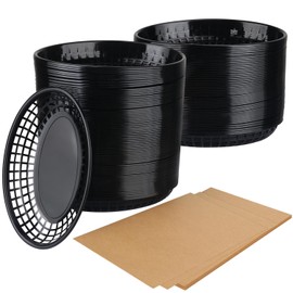 95 Pcs 9 x 5.7 Inch Reusable Black Oval Fast Food Baskets, Sturdy Plastic Platter Baskets with 100 Sheets Deli Paper Liners for Fast Food, Parties, Picnics, BBQs and Snacks, by KUKLIPJIM