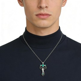 Seakuur Sword Dragon Cross Pendant Necklace for Men, Vintage Zircon Crystal Gothic Jewelry, Bold Punk Statement Necklace for Bikers (Green)