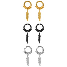 Flongo Fake Earrings without Hole: Women's Huggie Hoop Feather Earrings Black Gold Silver Hoop Earrings Without Ear Hole Feather Ear Clip Earrings Gothic Stainless Steel Viking Jewellery Gift Women