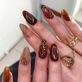 Lomxene Almond Press on Nails Medium Fake Nails Length Butterfly Wings Nails Press ons with Ripple Designs Brown False Nails Line Glue on Nails Fall Acrylic Nails for Women 24Pcs(almond short fall)