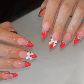 24 Pcs French Tip Press on Nails Medium Almond Bow Fake Nails with Pearl Designs Red French Fake Nail Tips Glossy Glue on Nails Full Cover Artificial Nails for Women Girl Nail Decoration