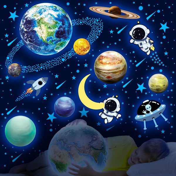 MORCART Glow in The Dark Stars Solar System Wall Decals 457 Pcs, Earth and 12 Major Glow Planets, Astronaut Universe Galaxy Space Wall Decals, Kids Bedroom, Gift for Walls and Ceiling Decor (Blue)
