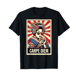 Geisha Sipping Drink in Sunglasses Carpe Diem print T-Shirt