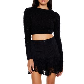 Forever 21 Women's Beaded Cropped Cable Knit Sweater Black