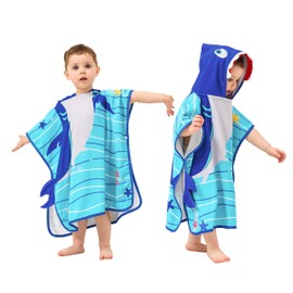 LOLANTA Kids Hooded Bath Towel Wrap Oversized 100% Cotton Soft Shark Towel Swimming Poncho for Kids (Shark, 4-6 Years)