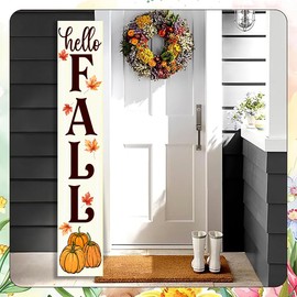 12x72 Inches Large White "Hello Fall" Porch Sign - Rustic Farmhouse Wooden Wall Decor with Pumpkin & Autumn Leaves Design - Weatherproof Indoor Outdoor Fall Welcome Sign for Front Door, Porch, Thanksgiving Decor - Seasonal Farmhouse Home Gift